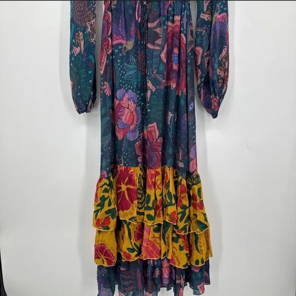 FARM RIO River Creatures Tiered Maxi Dress XS Boho Floral Ruffle Festival NWT - Picture 12 of 15
